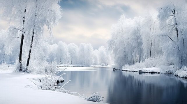 A frozen winter wonderland with snow-covered trees and a glistening icy lake.