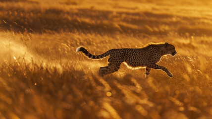 A graceful cheetah sprinting across the golden plains with incredible speed.