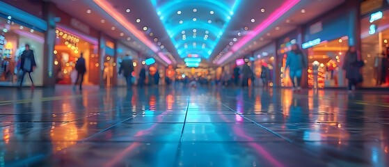 Blurry mall scene with people and stores showcasing dynamic and busy atmosphere. Concept Mall Photography, Busy Atmosphere, Blurry Scene, Dynamic Setting, Crowded Stores - obrazy, fototapety, plakaty
