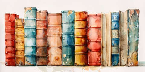 A Collection of Vintage Books, Illustrated with a Watercolor Effect Generative AI - obrazy, fototapety, plakaty