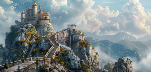 : A staircase ascending towards a majestic castle perched atop a rocky cliff - obrazy, fototapety, plakaty