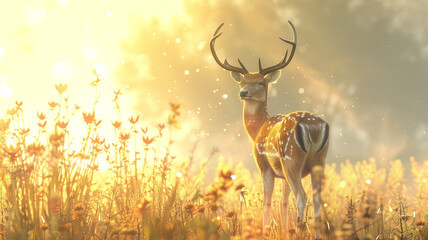A graceful deer standing in a sunlit meadow, its antlers reaching toward the sky. - obrazy, fototapety, plakaty