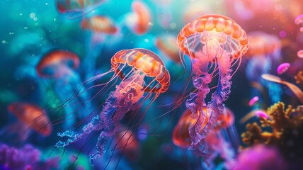 A group of vibrant jellyfish swimming gracefully in the depths of the ocean, their ethereal glow mesmerizing. - obrazy, fototapety, plakaty