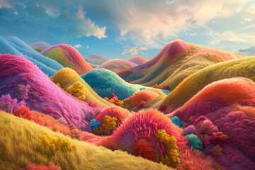 A fantasy colorful landscape with hills and trees - obrazy, fototapety, plakaty