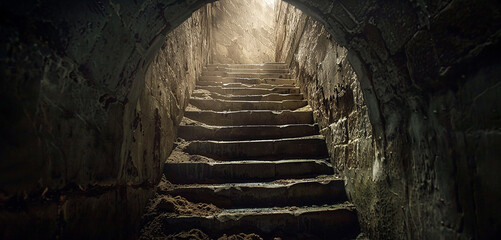 : A staircase disappearing into the darkness of an underground tunnel network - obrazy, fototapety, plakaty