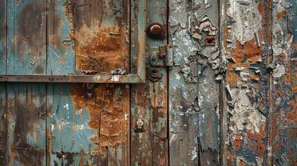 A weathered wooden door with peeling paint revealing a glimpse of an abandoned industrial warehouse filled with piles of rusted metal ss and shattered glass.