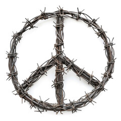 Peace Symbol made with Barbed Wire, isolated on white background 