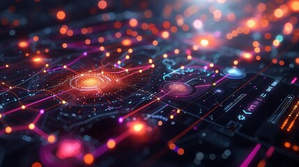 Fototapeta premium A sophisticated neural network dashboard on a computer screen, where colorful nodes connect through glowing synapses, visualizing real-time AI computations.