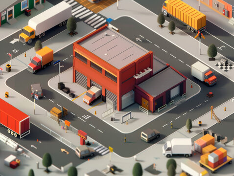 Isometric illustration of an industrial warehouse surrounded by trucks and delivery vehicles, with roads connecting various boutique stores within the complex
