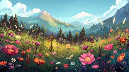 Foto op Aluminium Detailed wildflower landscapes portrayed with cartoon simplicity. © Pachara