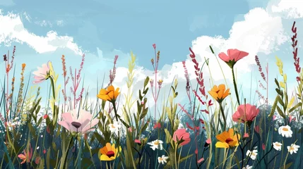 Schilderijen op glas Cartoon simplicity captures the beauty of wildflower landscapes with detail. © Pachara
