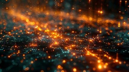 Fototapeta premium An intricate computer monitor display simulating an AI neural network, with nodes and synapses dynamically lighting up to represent data processing.