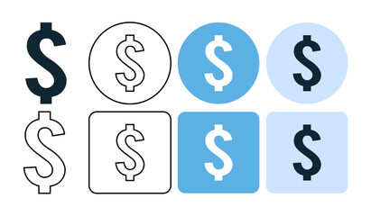 set of dollar sign icon symbol, America dollar icon, flat and stroke line editable