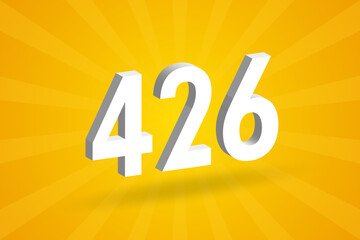 3D 426 number font alphabet. White 3D Number 426 with yellow background