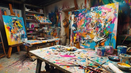 An artist's studio in full creative chaos, paint splattered everywhere, canvases in various stages of completion, vibrant colors clashing and blending. Resplendent. - obrazy, fototapety, plakaty