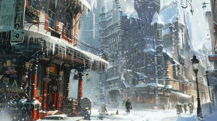 A snowy street corner with a towering cityscape in the background its buildings adorned with icicles and snowcovered roofs.