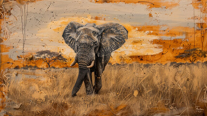 A majestic elephant walking through the African savannah, its trunk raised high in the air.