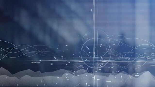 Digital animated technology background with analytical graphs and charts, graphic symbols and figures, moving words and numbers. Cg