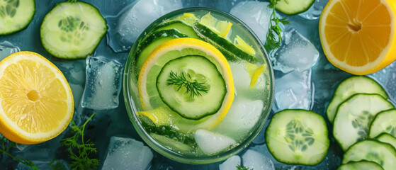 A drink made from cucumber juice and slices of lemon and lime, featuring multiple layers. - obrazy, fototapety, plakaty