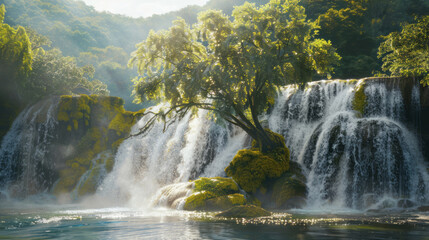 An illusory image is created by a large waterfall hitting a tree.