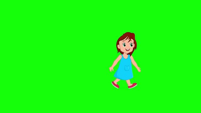 Walking cycle of a girl 2d character, little happy kid walk cycle animation on green screen background chroma key