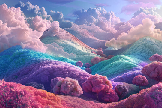 A fantasy colorful landscape with hills and trees