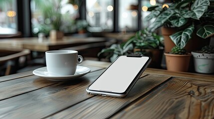 Mockup, smartphone with blank screen with copy space. On a table in a cozy cafe. White blank screen for text. Design and advertising of mobile applications. Online Marketing. Banner See Less - obrazy, fototapety, plakaty
