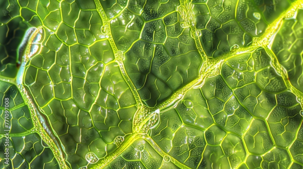 Poster microscopic view of a leafs stomata where tiny openings allow for gas exchange and regulate the plan
