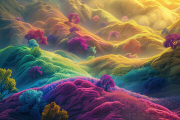 A fantasy colorful landscape with hills and trees - obrazy, fototapety, plakaty