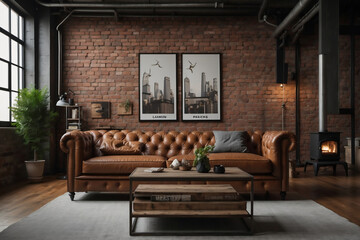 Gemütliches Industrie-Loft mit Chesterfield-Sofa und charaktervoller Backsteinwand - obrazy, fototapety, plakaty