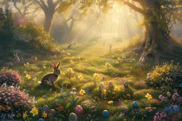 Photo sur Plexiglas Gris 2 A rabbit is nestled among the flowers in a meadow surrounded by lush green grass and beautiful natural landscape in a forest AIG42E