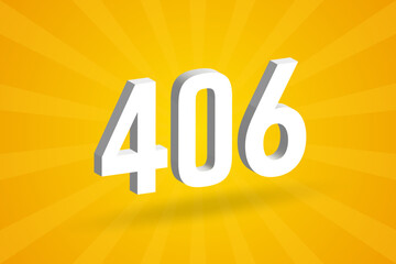 3D 406 number font alphabet. White 3D Number 406 with yellow background
