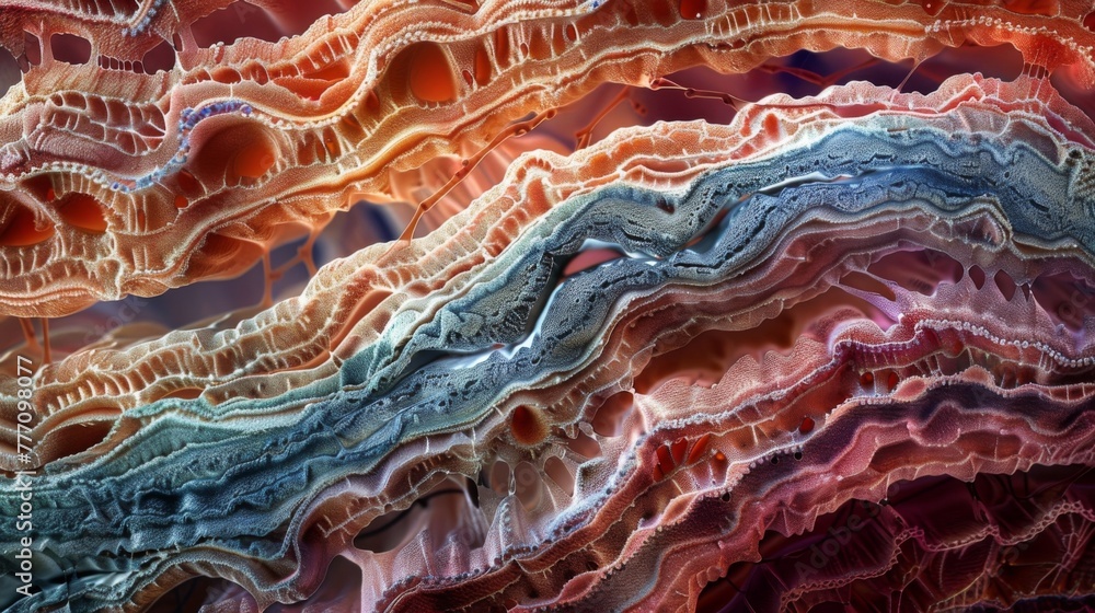 Poster a closeup view of the intricate muscle fibers and tissue layers that make up the inner structure of 