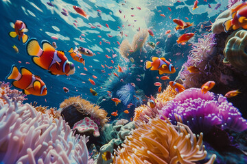 A mesmerizing 4K capture of a vibrant coral reef teeming with life, with colorful fish darting among the coral formations, creating a kaleidoscope of underwater beauty.
