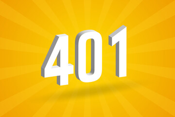 3D 401 number font alphabet. White 3D Number 401 with yellow background