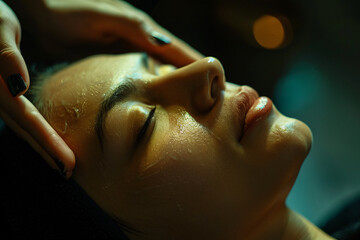 Young woman having a facial massage in a spa salon, closeup of a beautiful young girl with closed eyes lying on a table 