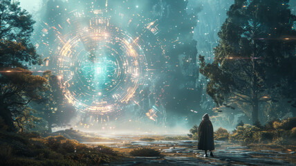 A solitary cloaked figure stands at the threshold of a magical portal within an ethereal forest landscape.