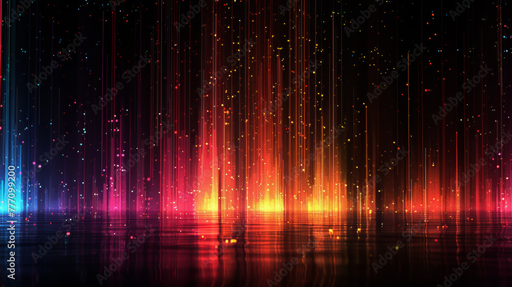 Poster colorful digital rain in an abstract composition, creating a glowing and dynamic background of reds 