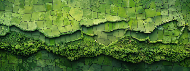 Lush green mosaic of agricultural fields from above, showcasing nature's textures.