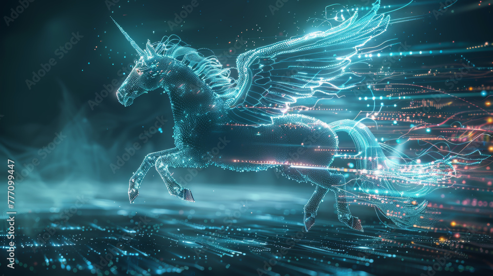 Poster a striking digital representation of a unicorn made of light particles, galloping through a dynamic 