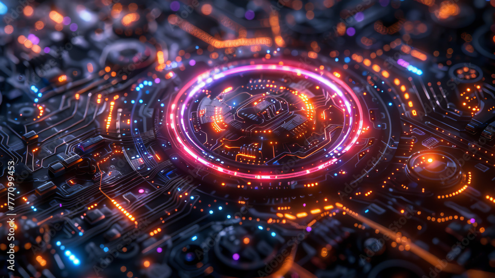 Aufkleber high-tech electronic chip with a neon circular pattern and luminous cybernetic elements.