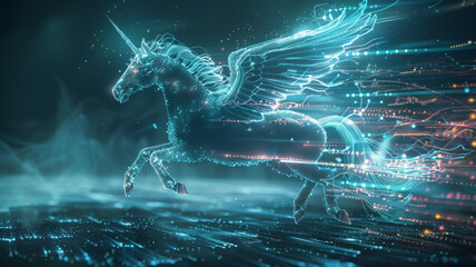 A striking digital representation of a unicorn made of light particles, galloping through a dynamic digital landscape. - obrazy, fototapety, plakaty