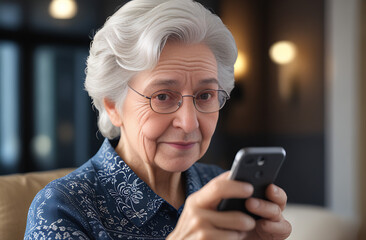 Senior, grand mother with glasses holding a mobile phone