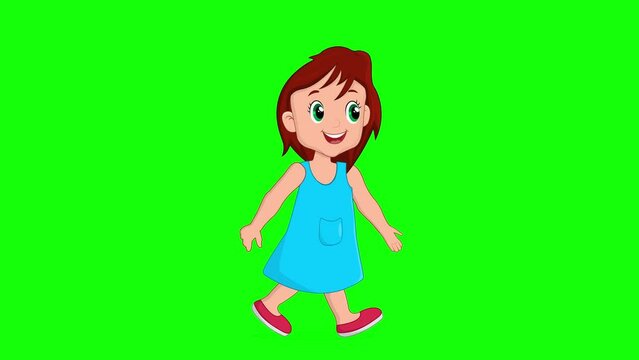 Walking cycle of a girl 2d character, little happy kid walk cycle animation on green screen background chroma key