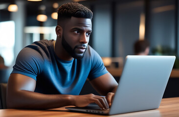 Handsome black man working on laptop at home