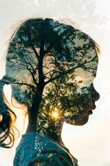 Double-exposure child girl head silhouette, summer nature, mindfulnes.