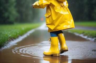 A child in yellow raincoat and boots is walking outside jumping in puddles
