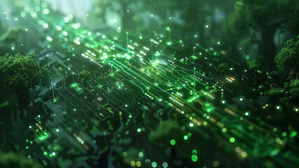 A vibrant green forest blends with technological circuitry, symbolizing the fusion of nature and technology.