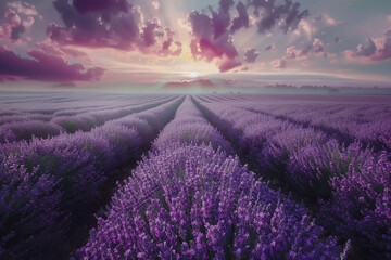 A mesmerizing 4K photograph of a field of lavender in full bloom, with rows of purple flowers stretching towards the horizon, emitting a soothing fragrance. - obrazy, fototapety, plakaty