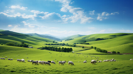 Fototapeta na wymiar A panoramic view of a peaceful countryside with rolling hills and grazing livestock.